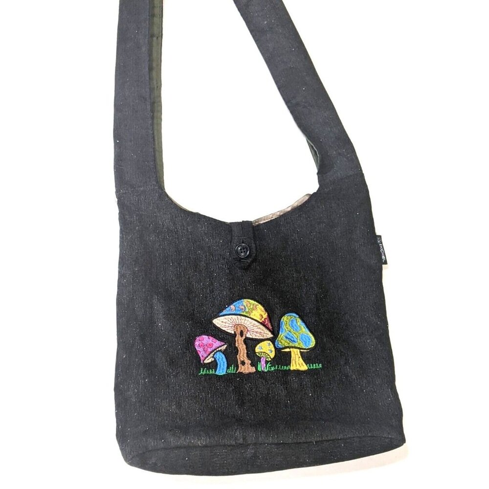 Black Embroidered Mushroom Crossbody Bag - Unbranded